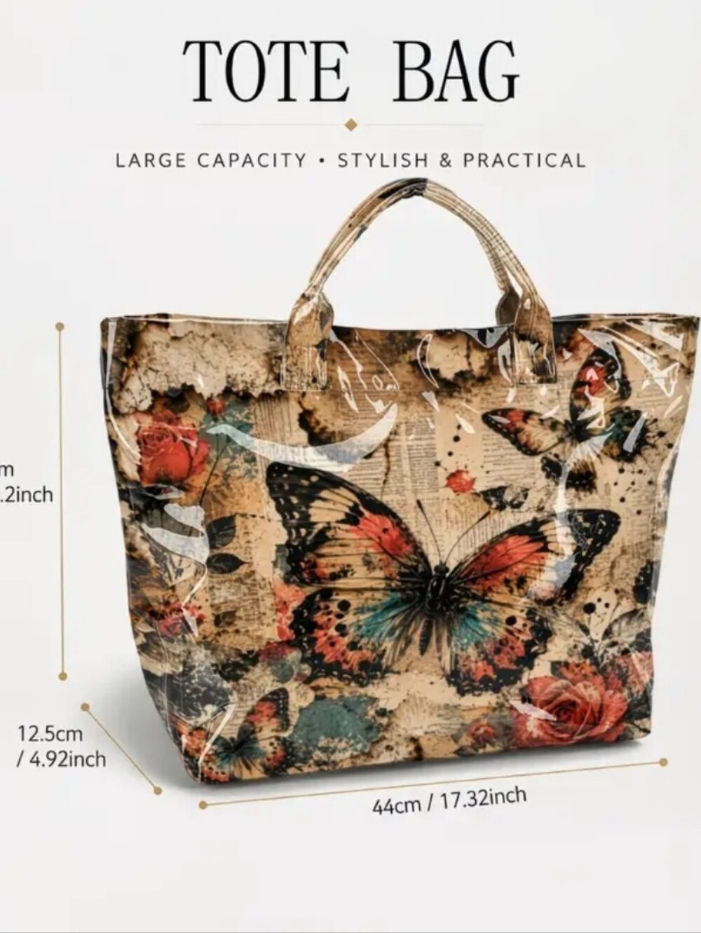 Beautiful Butterfly Newspaper Print Large Tote Bag - Picture 2 of 9
